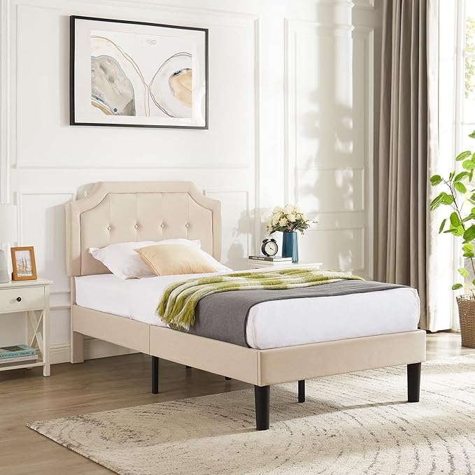VECELO Twin Upholstered Platform Bed Frame with Adjustable Button Stitched Panel Headboard,Strong Wood Slat Support,Velcro Design,Mattress Foundation/Easy Assembly,Light Beige
