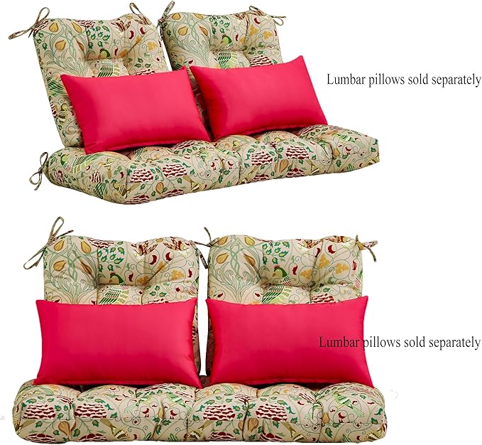 ADLIVWYD 3-Pieces Wicker Chair Cushion Set, 1 loveseat and 2 U-Shape, 44"x19" &19"x19" Tufted Outdoor Cushions for Indoor/Outdoor Bench Patio Furniture, (Khaki Bird Floral)