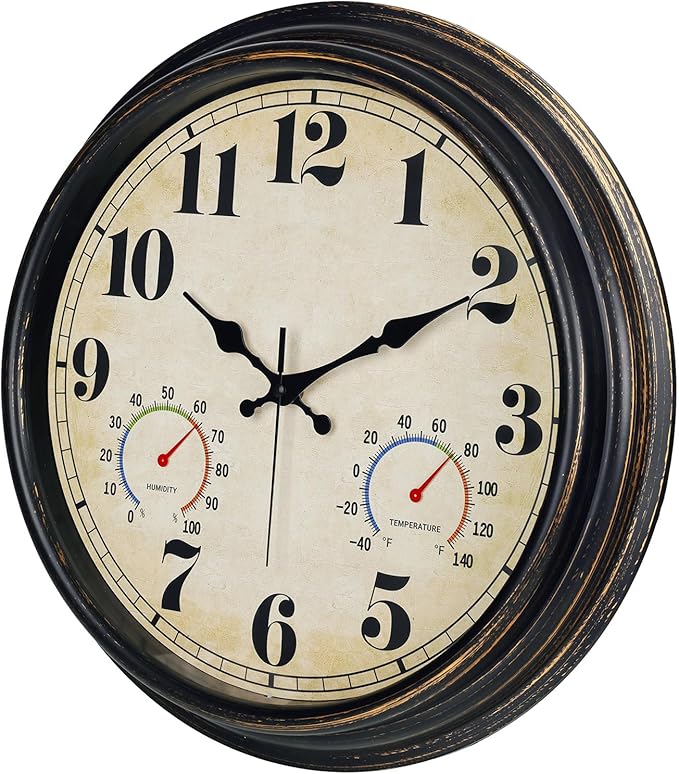 zyzamay 16 Inch Black Gold Vintage Indoor/Outdoor Wall Clock with Thermometer & Hygrometer & Waterproof, Large Silent Sweep Numerals, Perfect for Porch, Garden, Pool