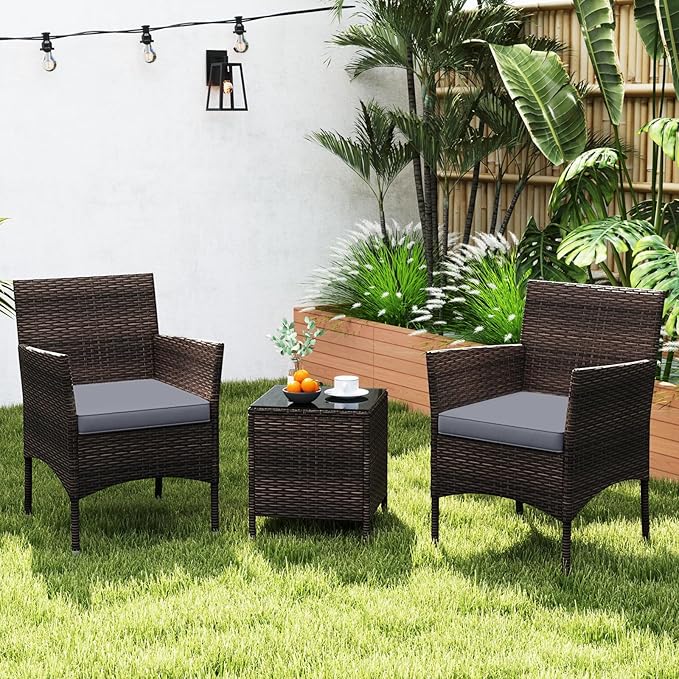 Tangkula 3 Pieces Patio Rattan Furniture Set, Outdoor Conversation Set with PE Wicker Armchairs, Tempered Glass Top Coffee Table, Soft Removable Cushions, for Porch Garden Yard Balcony (Grey)