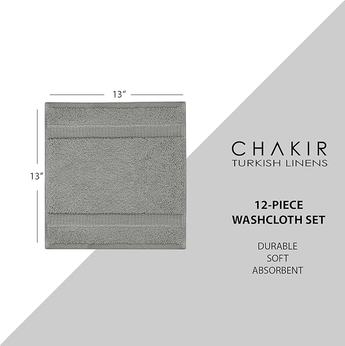 Chakir Turkish Linens 100% Turkish Cotton Luxury Hotel & Spa Washcloth Set (Set of 12, Gray)