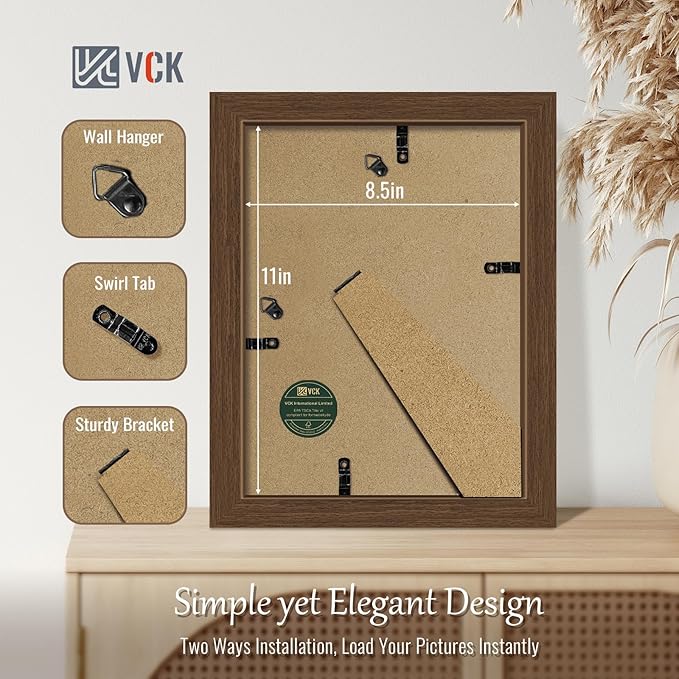 VCK 8.5x11 Picture Frame Set of 4 - Brown, Gallery-Quality Wood Poster Frames, 1.1-Inch Wide Border, Polished Plexiglass, Vertical or Horizontal Wall & Tabletop Display for Photo/Art/Prints, Brown