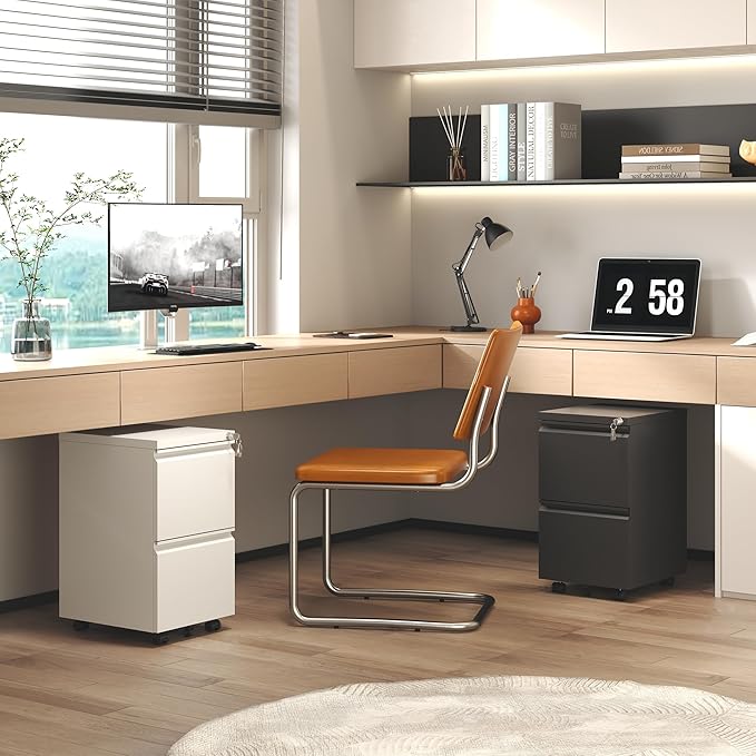 AQY 2 Drawer Mobile File Cabinet with Lock, Rolling Metal Filing Cabinet for Home Office, Vertical File Cabinet on Wheels, Small Mobile File Storage Cabinets for Legal/Letter/A4 Files(Black)