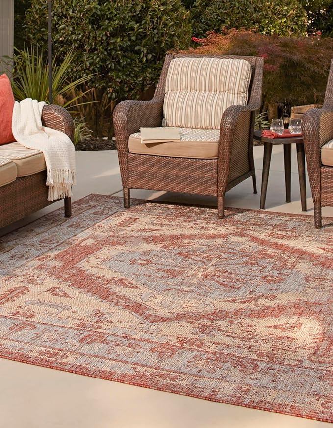 Unique Loom Outdoor Traditional Collection Area Rug - Valeria (13' Square Rust Red/Ivory)