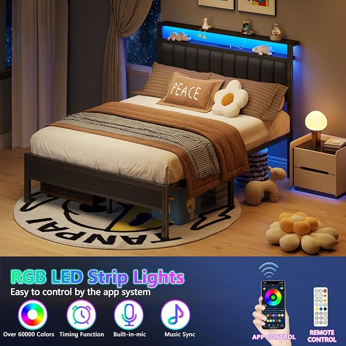 Furnulem Queen Size Bed Frame with Charging Station and LED Lights, Platform Bed with Metal Slats, Grey Upholstered Headboard with 2-Tier Storage Shelves, No Box Spring Needed