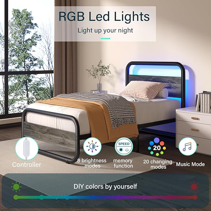 Catrimown Twin Size Bed Frame with LED Light and Wood Headboard, Heavy Duty Metal Rustic Platform Bed Frame with Under Bed Storage, Noise Free, No Box Spring Needed, Wash Gray