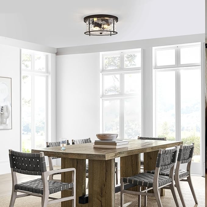LamQee Flush Mount Ceiling Light with Clear Hammered Glass, Industrial 2-Lights Farmhouse Close to Ceiling Light Fixtures Round Low Profile Lights for Kitchen Hallway Foyer Entrance Bedroom Black