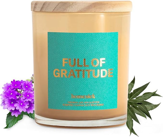 Homesick Scented Candles for Home (Full of Gratitude) - 7.5 oz Long-Lasting Natural Soy Wax Blend Jar Candle Gift for Women & Men, 30-35 Hours Burn Time - Notes of Lemongrass & Gardenia