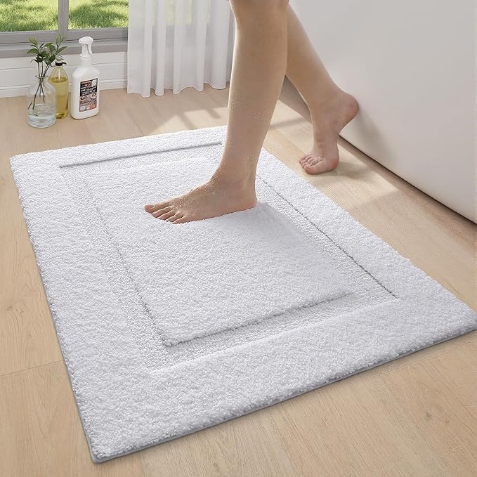 LUMI Bathroom Rugs Ultra Soft Non Slip with Rubber Backing, Absorbent Washable Bath Mat Quick Dry, Upgraded Premium Microfiber Plush Carpet for Bathtub and Shower Floor, White, 24x43