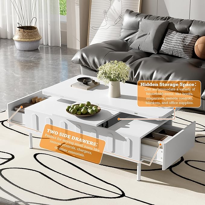 WILLIAMSPACE 43.3" Rectangular Lift-Top Coffee Table with 2 Drawers, Modern Center Table with Foldable Top, Multi-Functional Adjustable Dining Table with Storage Compartment for Living Room, White