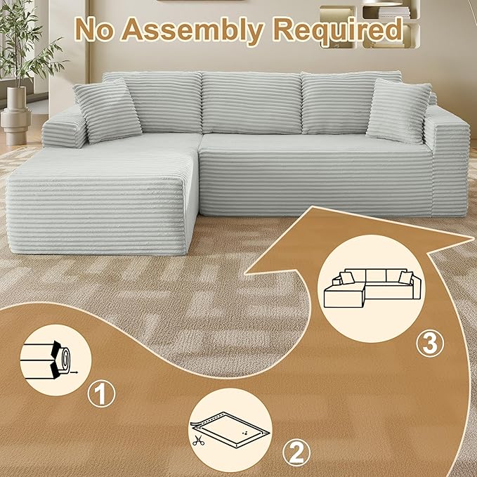 104''Sectional Cloud Couch with L Shaped Chaise,Modern Modular Sectional Sofa,Boneless Couch with Deep Seat,Comfy Couches for Living Room (Light Grey, Left Facing Chaise)