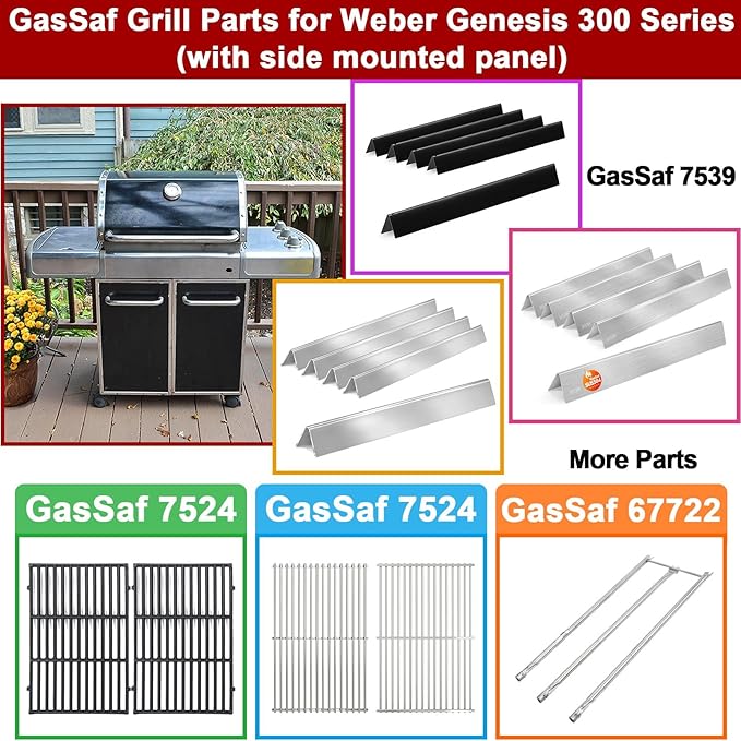GasSaf 24.5 inch Flavorizer Bar Replacement for Weber 7539, 7540, Genesis 300 Series E-310, E-320, S-310, S-320, EP/CEP 310 & 320 (with Side Mounted Control Panels), 5-Pack Stainless Steel Flavor Bar