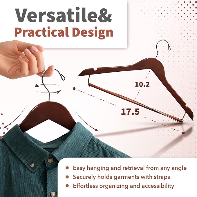 DEILSY™ Suit Hangers for Men with Open Bar 5 Pack Premium Brown Wooden Coat Hangers Pants Durable Suit for Closet Organization - Jacket Hanger Wood Clothes