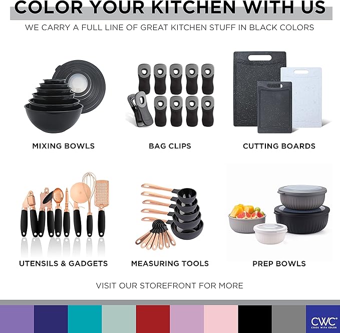 COOK WITH COLOR Mixing Bowls with Lids - 12 Piece Plastic Nesting Bowls Set includes 6 Prep Bowls and 6 Lids, Non Slip Bottom and Embossed Design - Microwave Safe (Black)