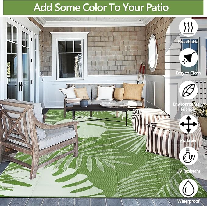 Waterproof Outdoor Rug 8x10 ft, Reversible Plastic Straw Mat with Leaf Pattern, Large Floor Mat for Patio, Camping, Picnic, Backyard RV, Deck, Light Green