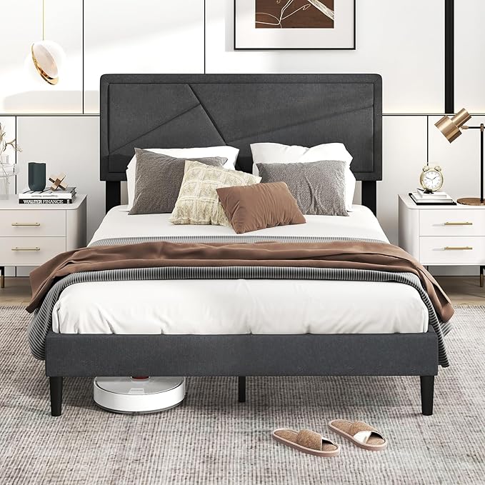 Giantex Full Size Platform Bed Frame, Modern Upholstered Bed Frame with Geometric Tufting Headboard, Wooden Slats Support, No Box Spring Needed, Gray