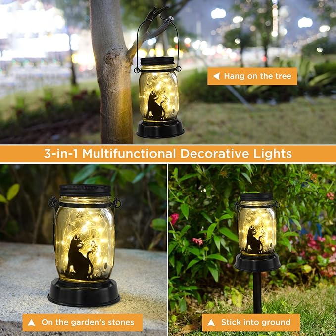 Styleonme Decor Mobile Outdoor Solar Lanterns, Cat & Butterfly Fairy Lights Theme Garden, Mason Jar Solar, Gifts for Mom, Grandma, Women, Everyone, Cat Themed Gifts, Garden Fence Patio Lawn Decor