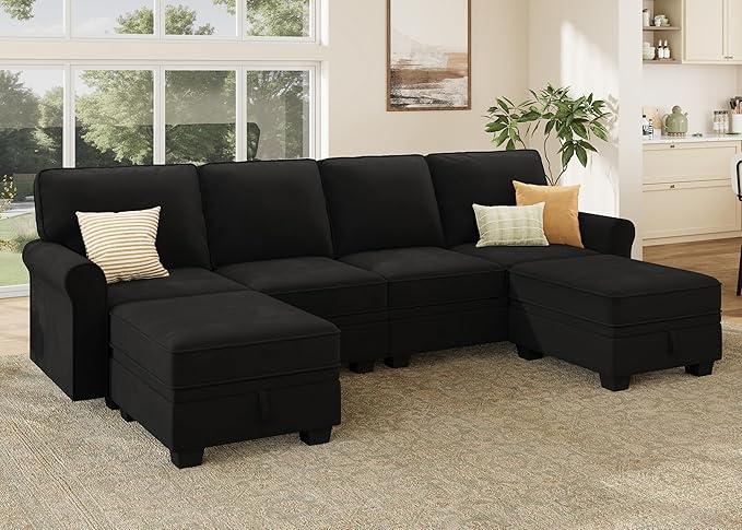 HONBAY Convertible Sectional Sofa with Storage U Shaped Sectional Couch with Reversible Chaise Small Sectional Couches for Living Room,Mid Black