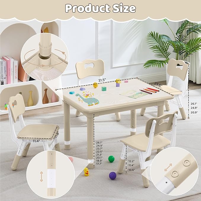 Kids Table and 4 Chairs Set, Height Adjustable (17.7"-26.1") Toddler Table and Chair Set, Multi-Activity Table with Graffiti Desktop, Children’s Table and Chairs for Classroom, Home & Daycare