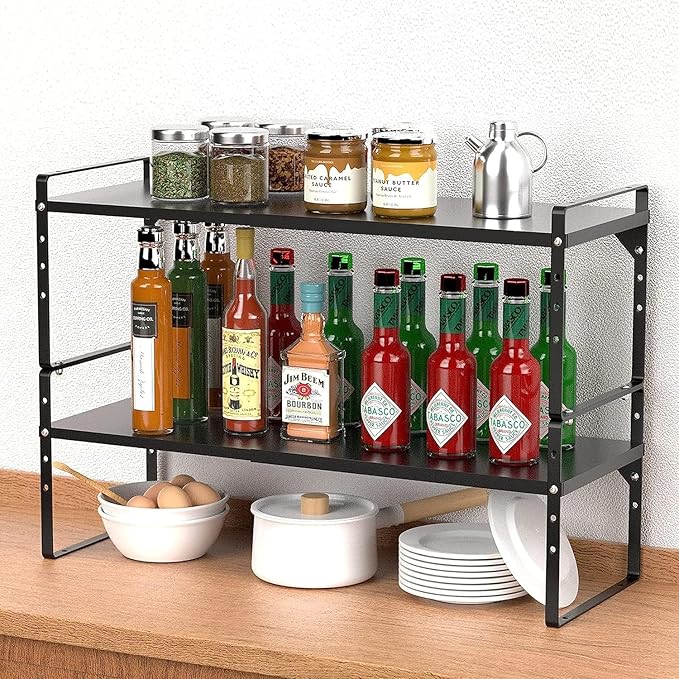 Expandable Kitchen Cabinet Storage Shelf, Stackable Metal Pantry Storage Shelves Organizer, Adjustable Height Counter Spice Rack for Kitchen Cabinet (Black - 16.5"-27" L x 10.2" W x 9.6" H - 3Pack)