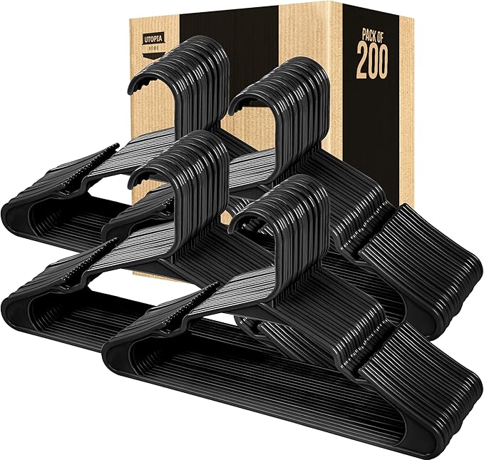 Utopia Home Plastic Hangers 200 Pack - Perfect Space Saving Clothes Hanger - Durable and Strong - Perfect Closet Organizers with Shoulder Grooves (Black)