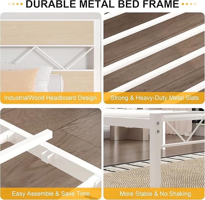VECELO 2 Twin Bed Frame Set Metal Platform with Wooden Headboard, Heavy-Duty Metal Slats Support, No Box Spring Needed, Non-Slip, Noise Free, Easy Assembly, White & Natural