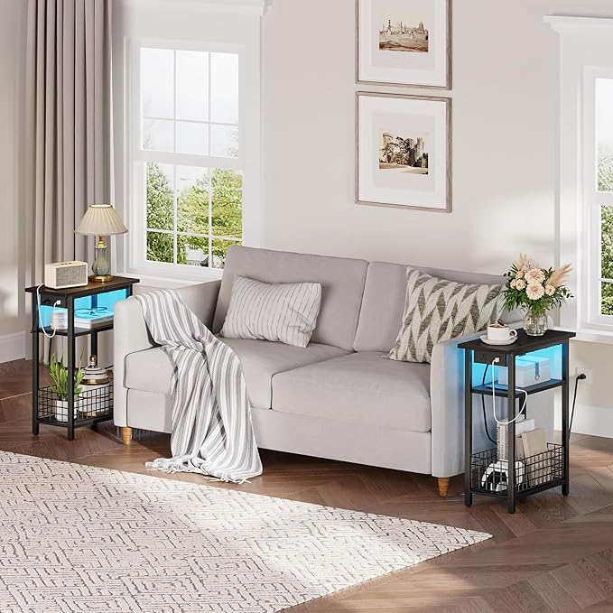 HOOBRO Narrow Side Table with Charging Station and LED Light, Small End Table with Storage, Skinny Nightstand with USB Port, Slim Bedside Table for Small Spaces, Living Room, Black BB242UDBZ01