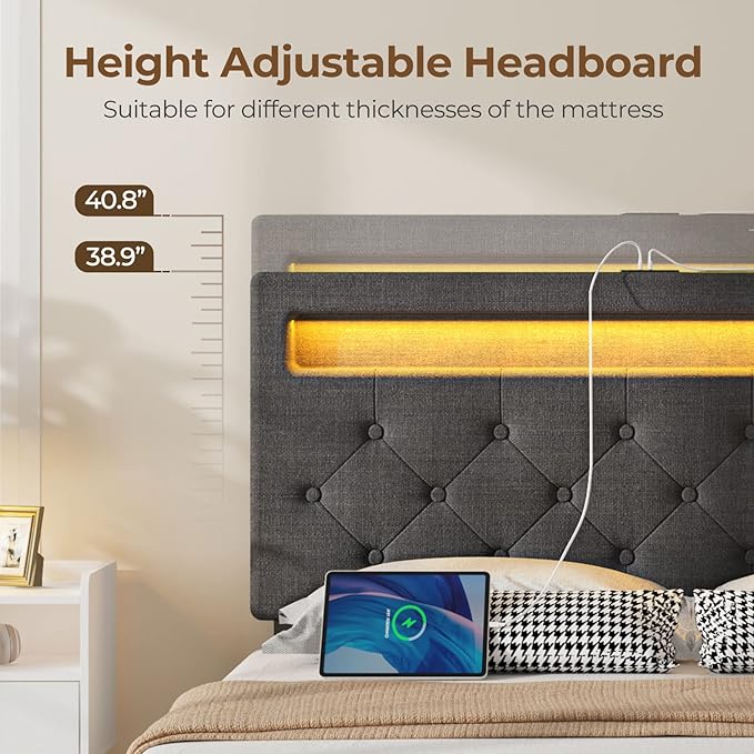 Rolanstar Twin Bed Frame with Charging Station and LED Lights, Upholstered Bed with Adjustable Headboard and 4 Storage Drawers, No Box Spring Needed, Easy Assembly, Dark Gray