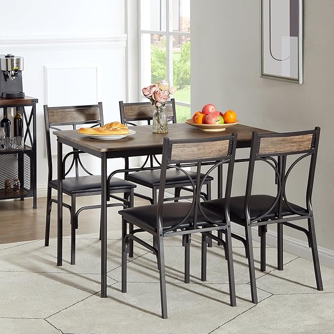 VECELO Kitchen Dining Room Table Set with 4 Chairs for Small Space, Apartment,Metal Steel Frame