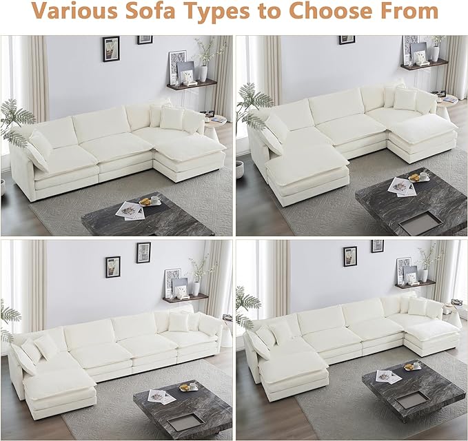 mikibama Luxury Modular Sectional Sofa, 146.5" Modern Chenille Comfy Cloud Couches for Living Room Office, 4 Seater Deep Sofa with 2 Armrest Pillows and 4 Toss Pillows, Beige
