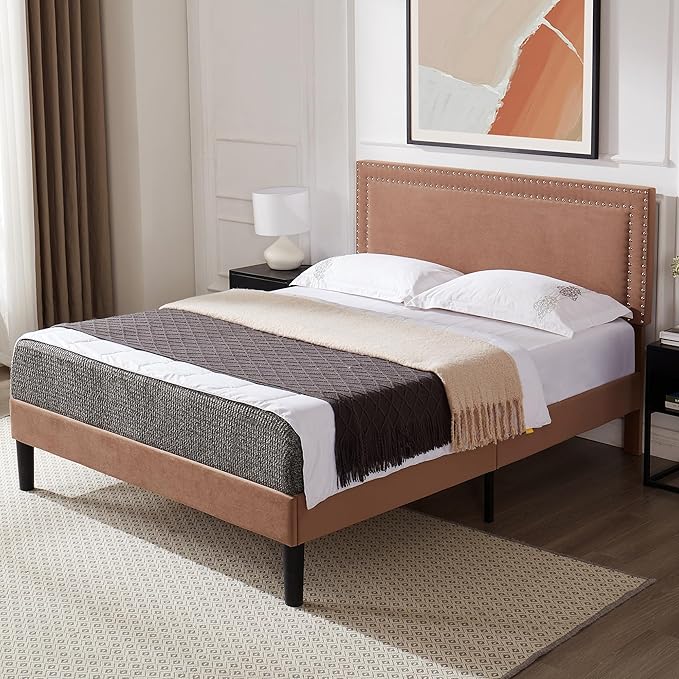 VECELO Bed Frame Queen Size with Adjustable Upholstered Headboard, Wooden Slats Platform, Noise-Free Design, Easy Assembly