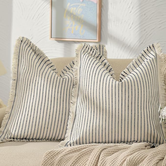 ZWJD Throw Pillow Covers 26x26 Set of 2 Striped Pillow Covers with Fringe Chic Cotton Decorative Pillows Square Cushion Covers for Sofa Couch Bed Living Room Farmhouse Decor