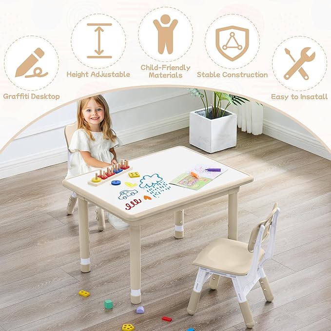 Toddler Table and Chair Set, Height Adjustable-Upgrade Kids Table and 2 Chairs for Ages 3-8, Multi-Activity Toddler Play Table with Graffiti Desktop for Home/Daycare/Classroom