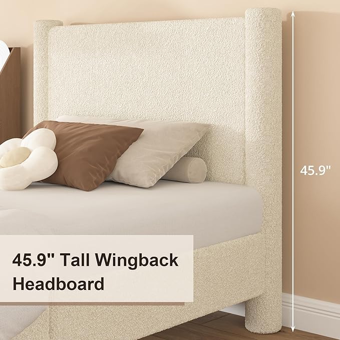Twin Size Bed Frame, Boucle Upholstered Platform Bed with Headboard and Footboard, Soft Rounded Corners, No Box Spring Required, Easy Assembly, Cream