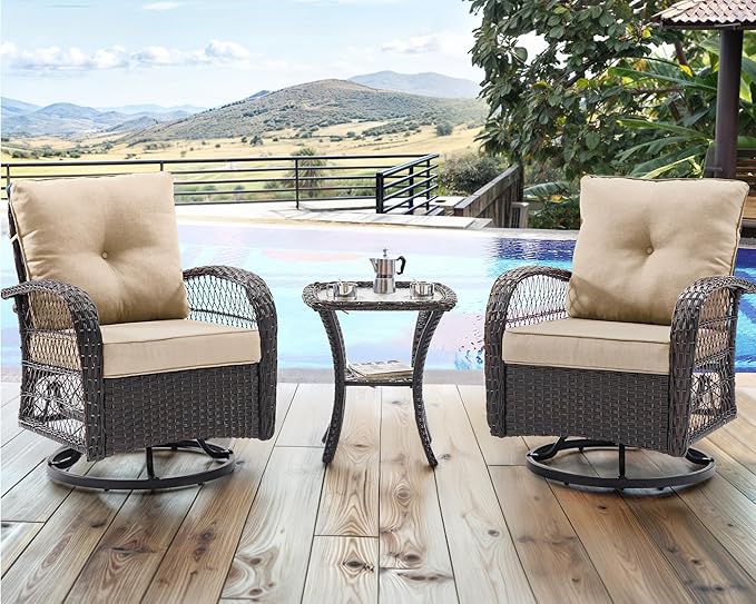 UDPATIO 3 Pieces Patio Furniture Set, Outdoor Swivel Rocker Patio Chairs Set of 2, All-Weather PE Wicker Glider Chairs with Thick Cushions and Glass Coffee Table,for Porch Deck Backyard Khaki