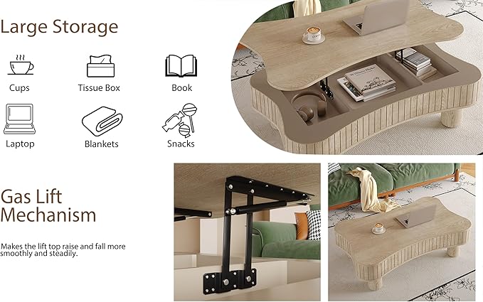 42.5'' Modern Lift Top Coffee Table for Living Room, Solid Wood Center Table, Fluted Panel Design, Storage Compartments, 42.5x27.2 Inch Surface, Hydraulic Lift Mechanism, Easy Assembly