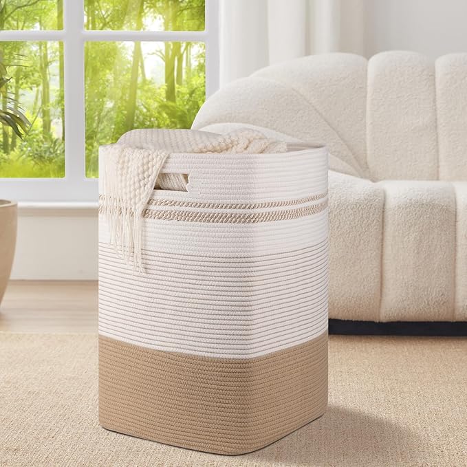 Laundry Hamper, Large Woven Rope Tall Laundry Basket with Handles, 24" X 16" X 16", Decorative Storage Basket for Clothes and Blankets in Living room, Bedroom, Jute & White
