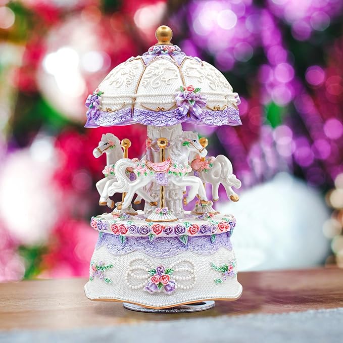 Carousel Music Box,Luxury Color Change LED Light Music Box,Luminous Rotating 3-Horse Musical Box with Gift Box for Girls Birthday Valentine Gift (You are My Sunshine, Purple)