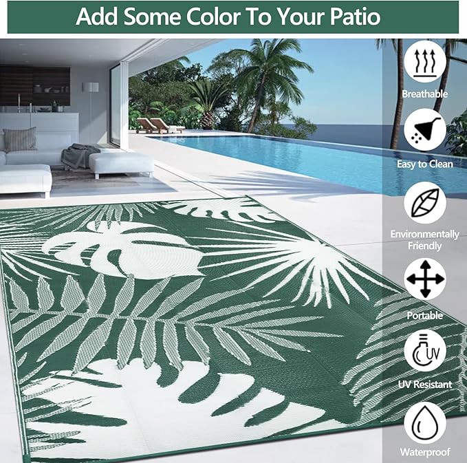 Waterproof Outdoor Rug 9x12 ft, Reversible Plastic Straw Mat with Leaf Pattern, Large Floor Mat for Patio, Camping, Picnic, Backyard RV, Deck, Dark Green