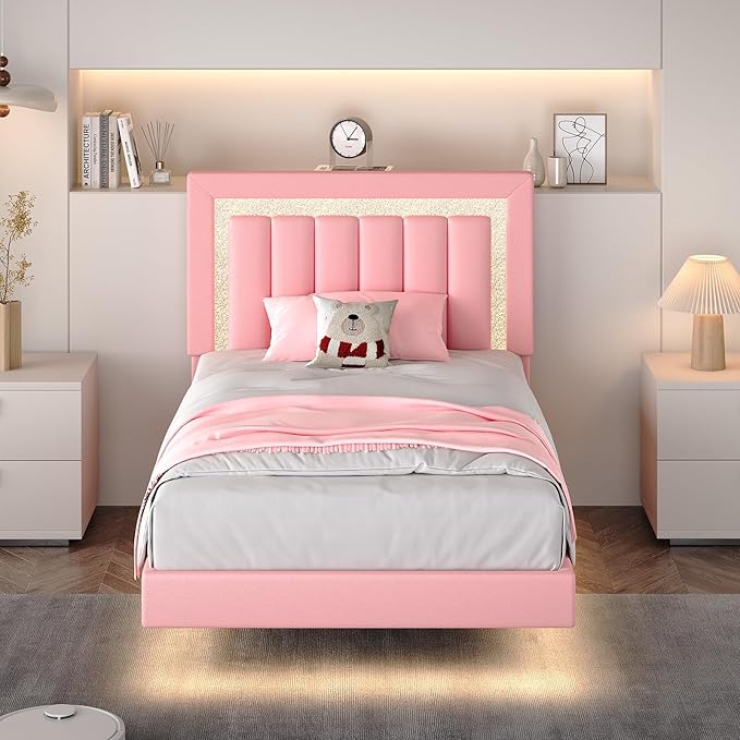 HOMBCK Floating Twin Bed Frame with Smart LED Lights, Faux Leather Upholstered Platform Bed with Diamond Headboard, No Box Spring Needed, Noise-Free, Easy Assembly, Pink