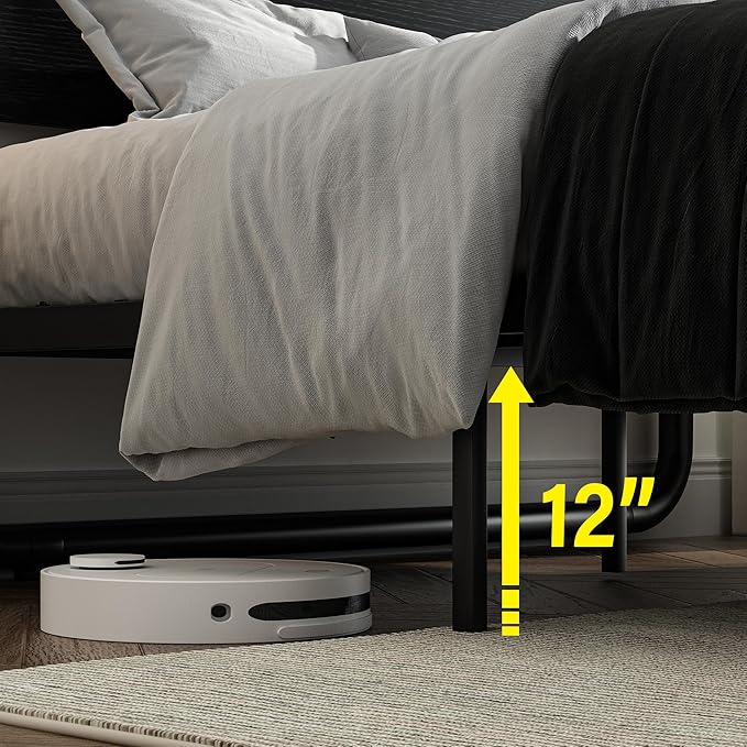 Catrimown Full Size Bed Frame with Wood Headboard, Metal Bed Frame with Under Bed Storage, Black Bed with 20 LED Light Modes, Noise Free, No Box Spring Needed, Black