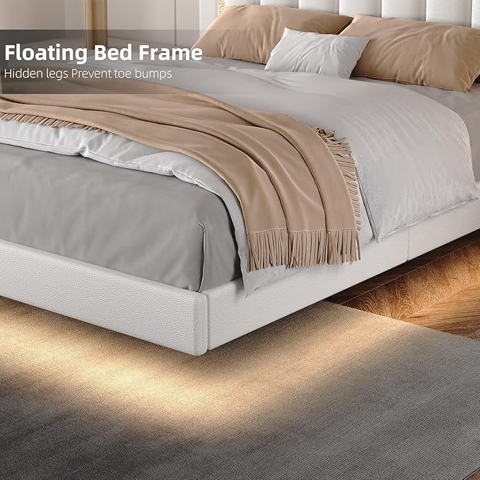 HOMBCK Floating Twin Bed Frame with Smart LED Lights, Faux Leather Upholstered Platform Bed with Diamond Headboard, No Box Spring Needed, Noise-Free, Easy Assembly, White