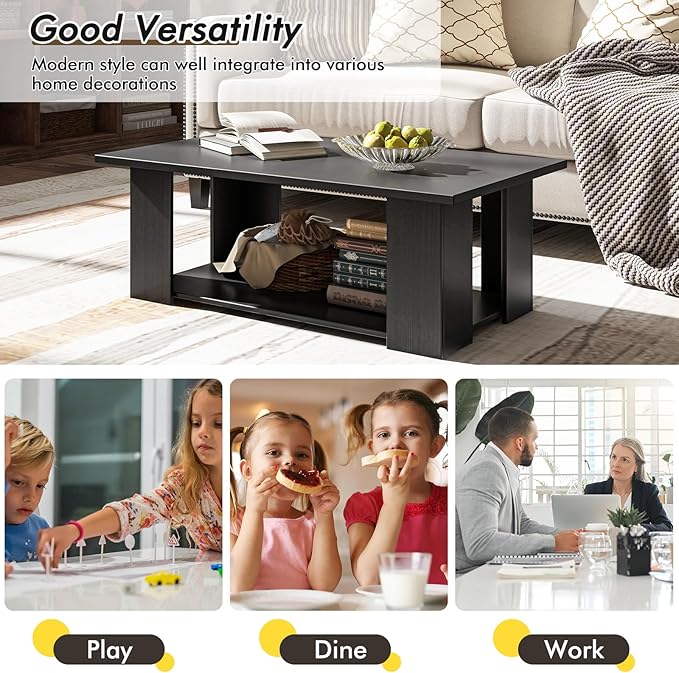 Tangkula 2-Tier Coffee Table, Modern Rectangular Center Cocktail Table with 5 Support Legs, Wooden Accent Living Room Furniture, Small Coffee Table for Small Spaces, Easy Assembly (Black)