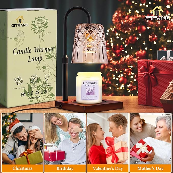 Candle Warming Lamp with Timer Dimmer, Adjustable Height Electric Wax Melt Warmer for Jar Candles with 3 Bulbs, Mother's Day Women's Home Decor Gift, Square Base with Black Pole