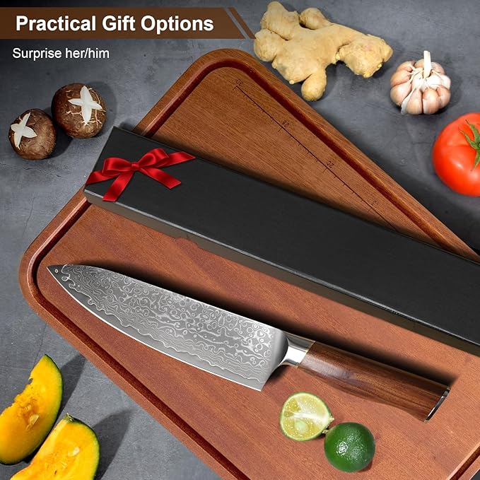 8 Inch Damascus Chef Knife with 9Cr18Mov, Professional Japanese Chef Knife with Ergonomic Handle and Gift Box for Kitchen