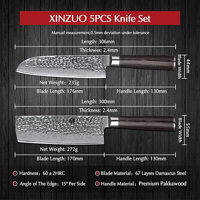 XINZUO Kitchen Knife Set of 5 Piece,67 Layers Hammered Damascus Blade,Japanese-Style Chef Knife Set,Professional Knife Sets for Chefs with Pakkawood Handle,Razor Sharp,Gift Box - He Series