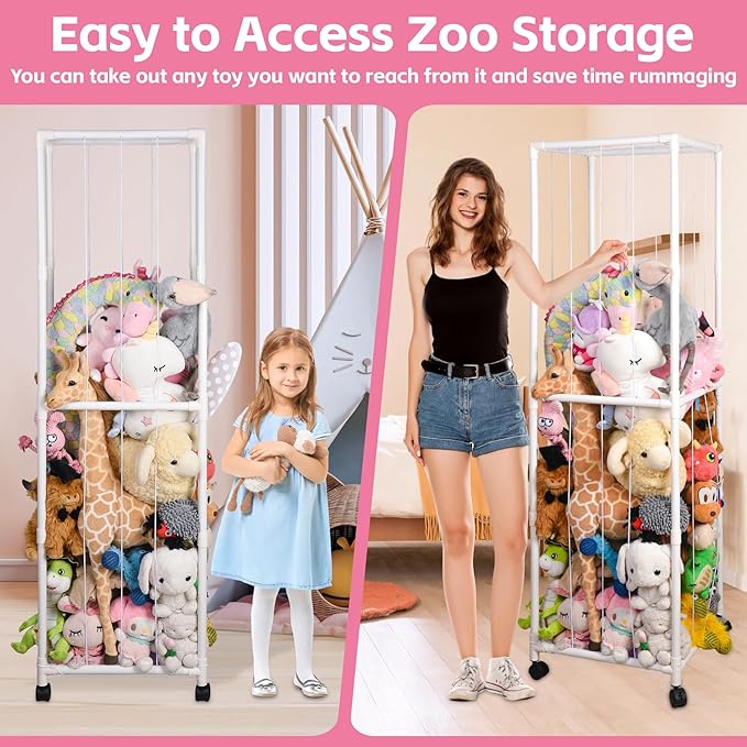 Stuffed Animal Storage Zoo with Wheels, Large Plush Toy Organizer for Kids - Extra Wide PVC Stuffed Animal Holder with Elastic Cords & Mesh Net, Nursery Playroom Toy Cage for Boys Girls Toddlers