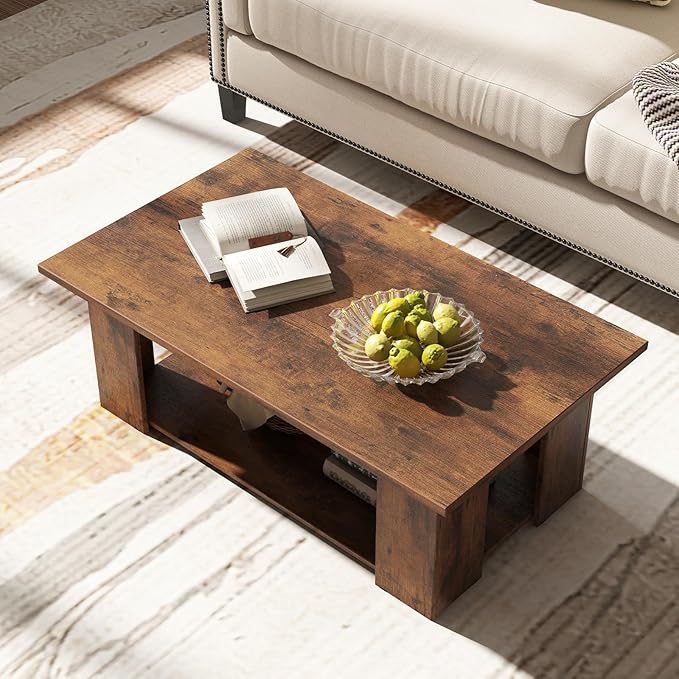 Tangkula 2-Tier Coffee Table, Modern Rectangular Center Cocktail Table with 5 Support Legs, Wooden Accent Living Room Furniture, Small Coffee Table for Small Spaces, Easy Assembly (Rustic Brown)