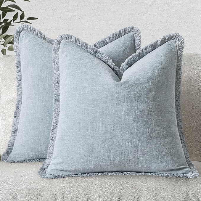 MIULEE Decorative Throw Pillow Covers Neutral Linen Fringe Throw Pillows Set of 2 Sky Blue Boho Farmhouse Cushion Covers for Couch Sofa Bed Living Room Spring Home Decor 18x18 Inch
