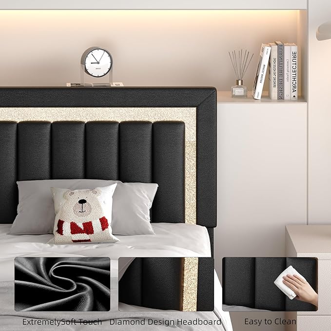 HOMBCK Floating Bed Frame Twin with Smart LED Lights, Faux Leather Upholstered Platform Bed with Diamond Headboard, No Box Spring Needed, Noise Free, Easy Assembly, Black